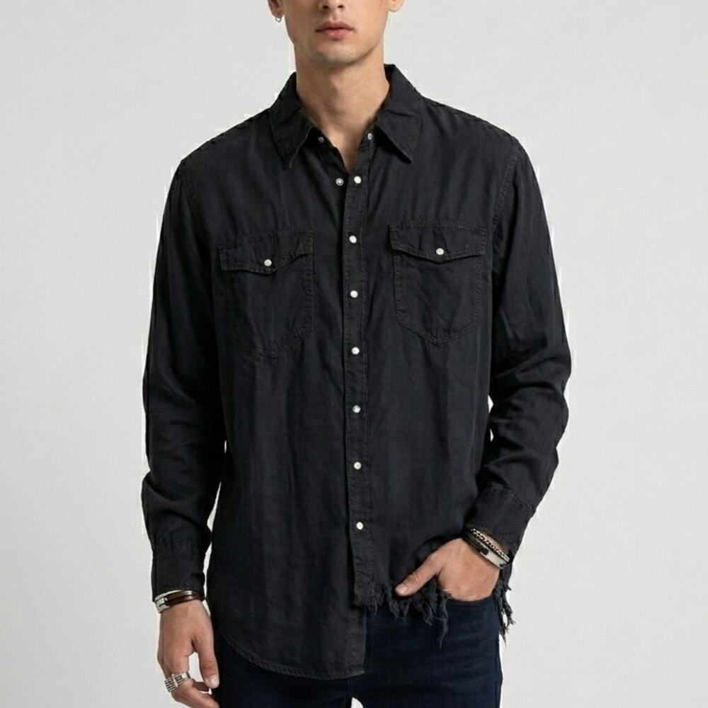One Teaspoon Black Distressed Western Pearl Snap Frayed Pistol Shirt XS